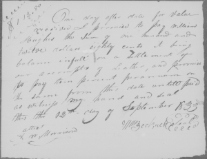 Sept. 12, 1833 note from William Becknell to William Hughes (Cooper County, Mo., Circuit Court Case Files, Box 6, Folder 18 (Microfilm C37277), Missouri State Archives)