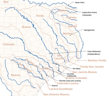 Map of east Texas rivers and watersheds with locations related to Becknell’s service in the Texas War of Independence