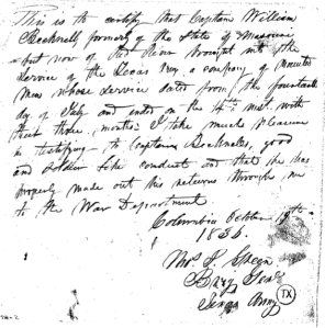 Oct. 19, 1836 certification by Thomas J. Green of Red River Blues service July 14 to Oct. 14 (Claim No. 1080, Republic Claims, Texas State Library and Archives Commission)