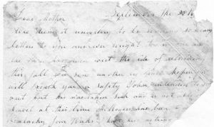 Excerpt of Sept. 28, 1836 letter from Mary Jane Rogers to Mary Becknell: “the Boys has given out the ide of returning this fall” (private collection)
